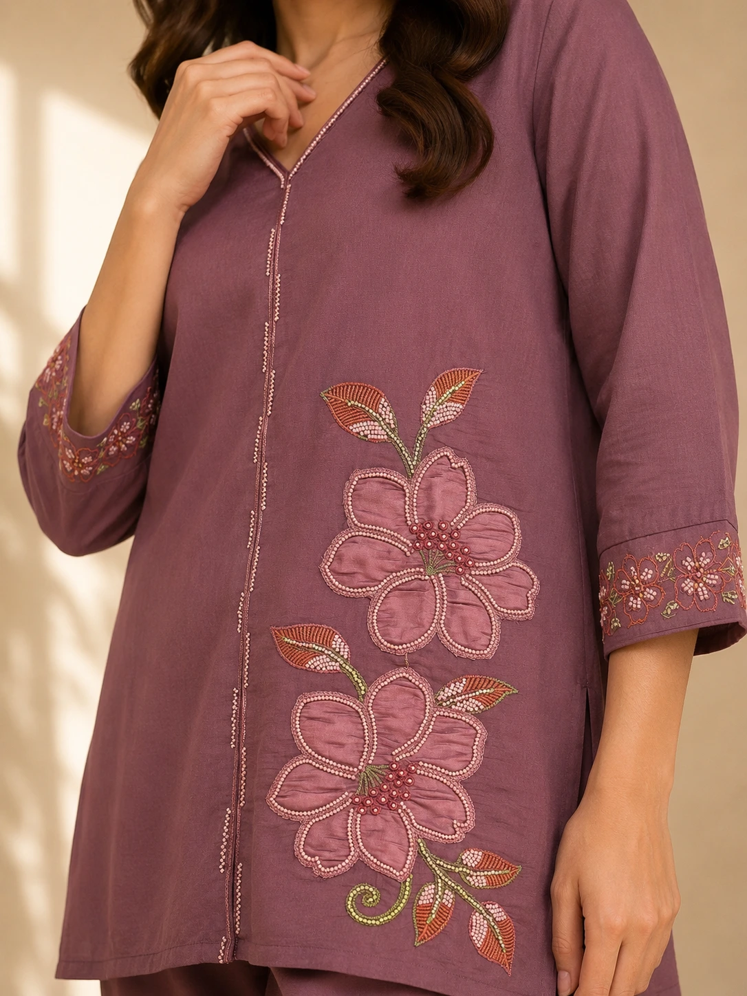 Mauve Gulmohar Mul Chanderi Co-ord Set - Image 3