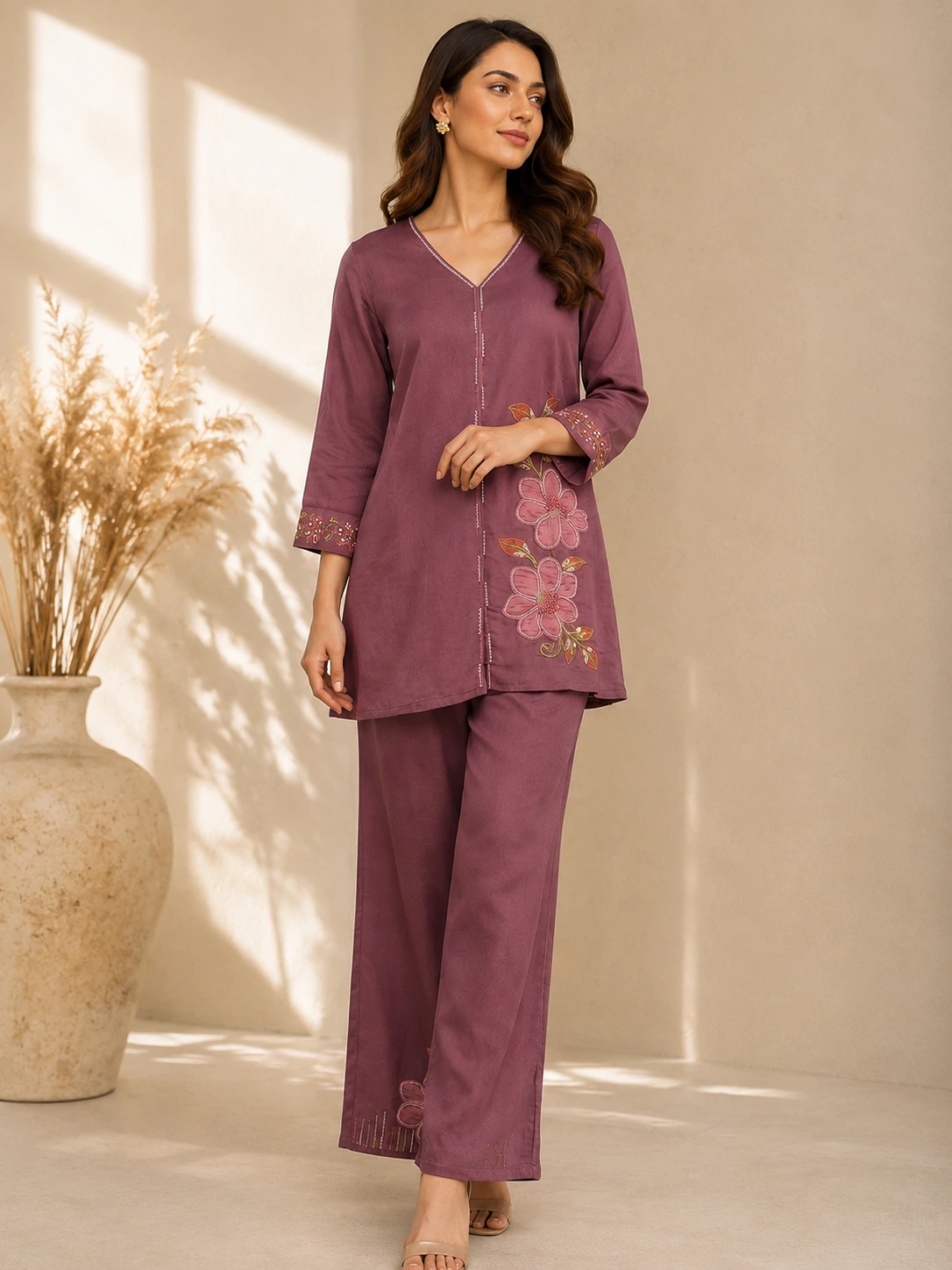 Mauve Gulmohar Mul Chanderi Co-ord Set