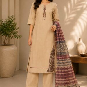 Saanjh Beige Jamdani Cotton Suit Set